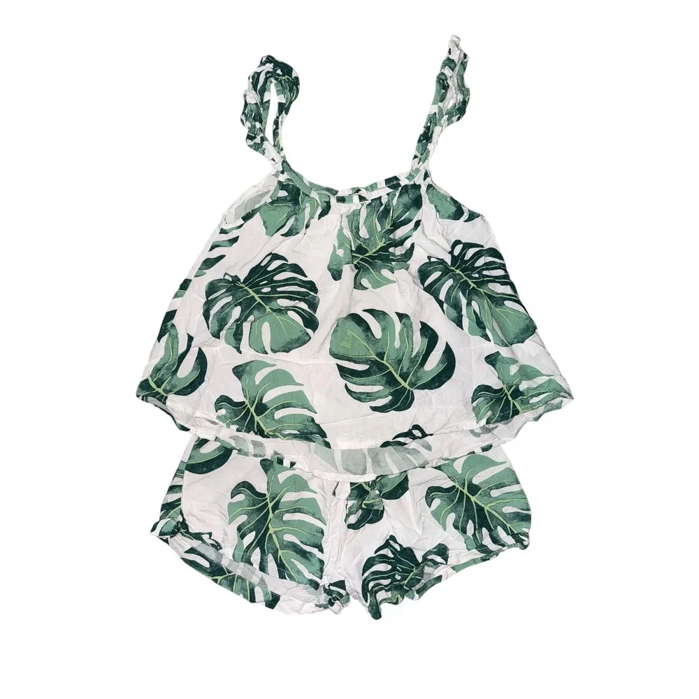 Piyama Womens XS Monstera Leaf Tropical Pajama Set Rayon Cami Shorts Green CR5